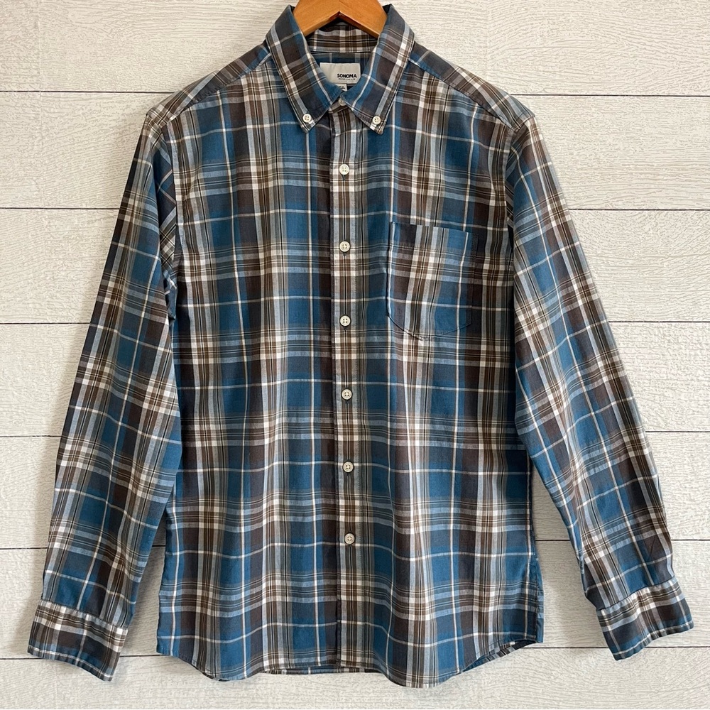 Sonoma Goods For Life Blue and Brown Casual Button Down  Size Small